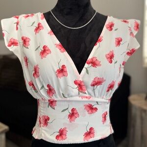 Timing Floral V-Neck Blouse - White and Red